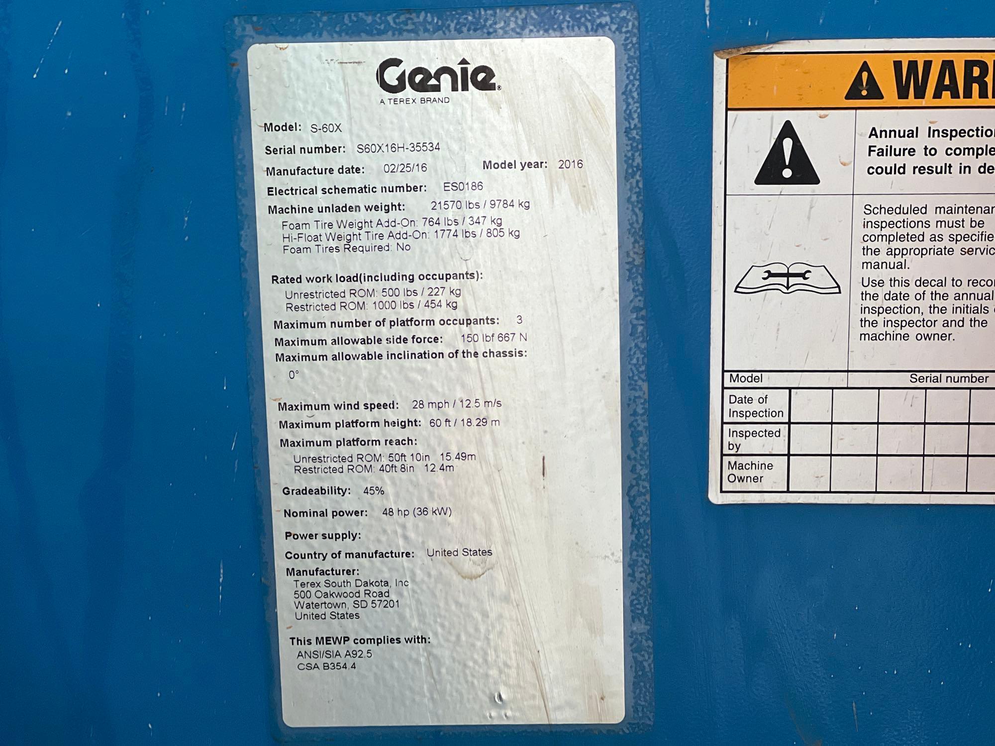 2016 GENIE S-60X BOOM LIFT SN:S60X16H-35534 4x4, powered by diesel engine, equipped with 60ft.