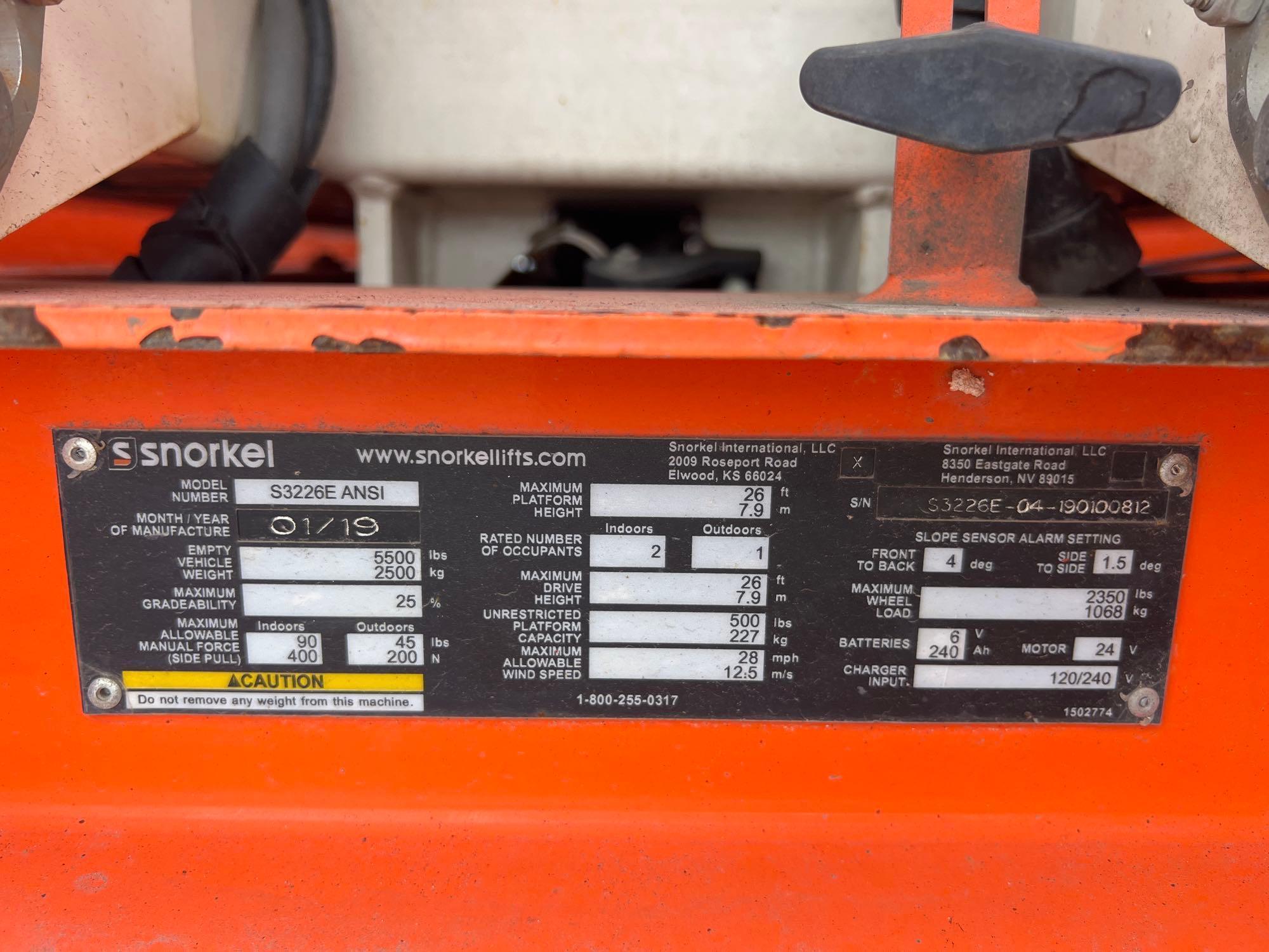 2019 SNORKEL S3226E SCISSOR LIFT SN:S3226E-04-190100812 electric powered, equipped with 26ft.