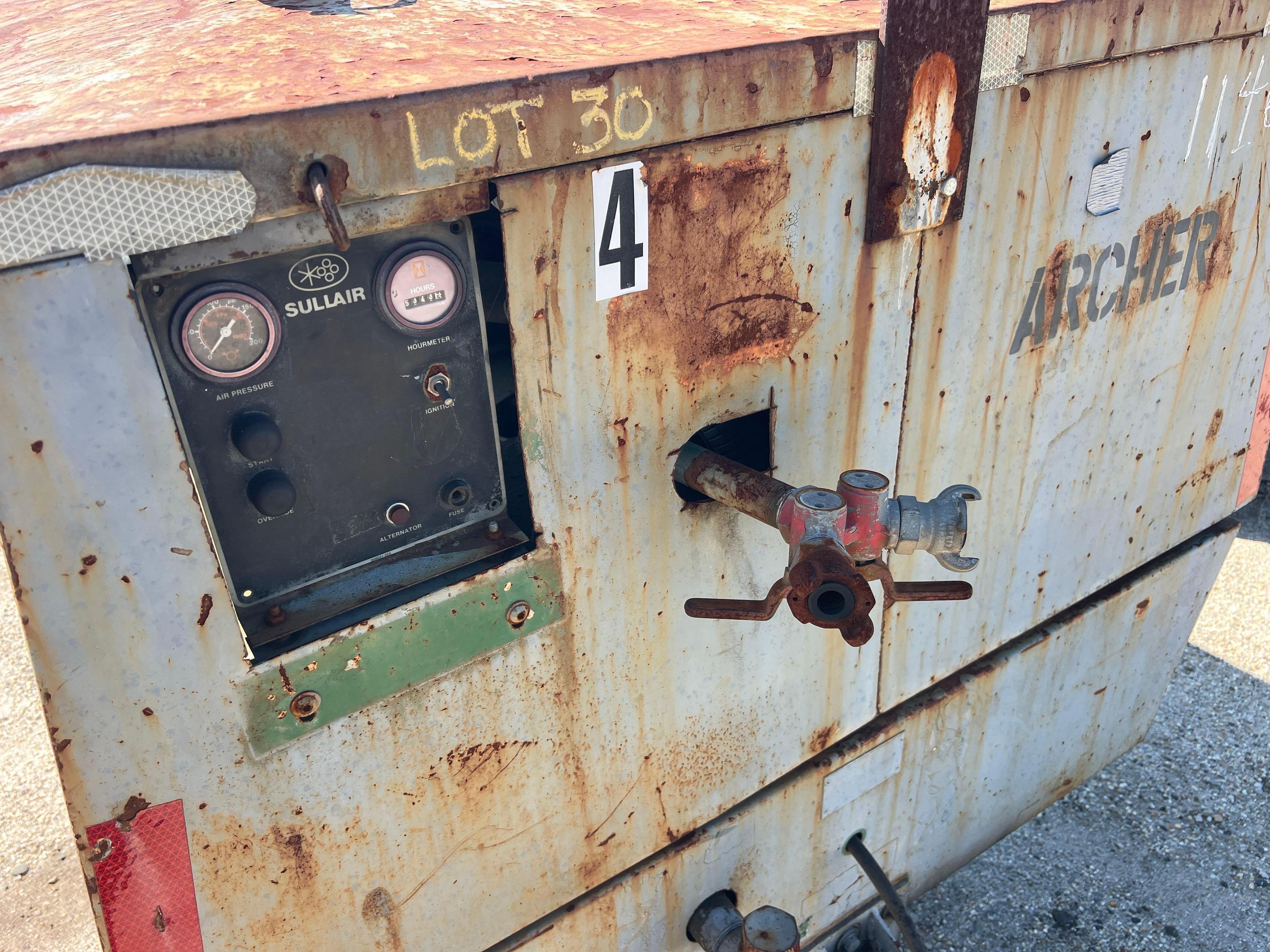 SULLAIR 185CFM AIR COMPRESSOR powered by diesel engine, equipped with 185CFM, trailer mounted.