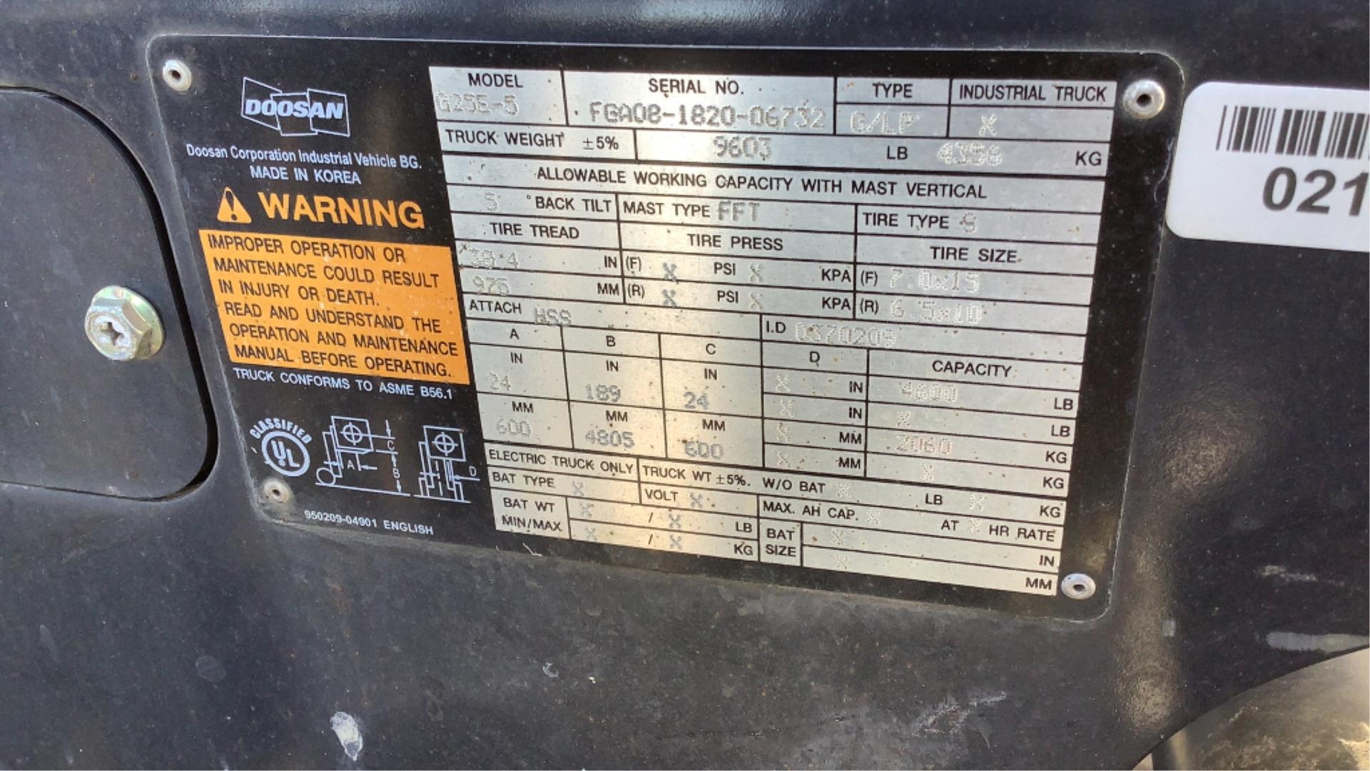 2016 Doosan 4600 lb Propane Forklift G25E-5