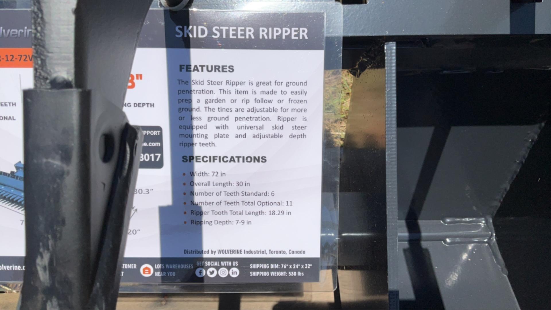 2025 Wolverine 72" Ripper Skid Steer Attachment RP