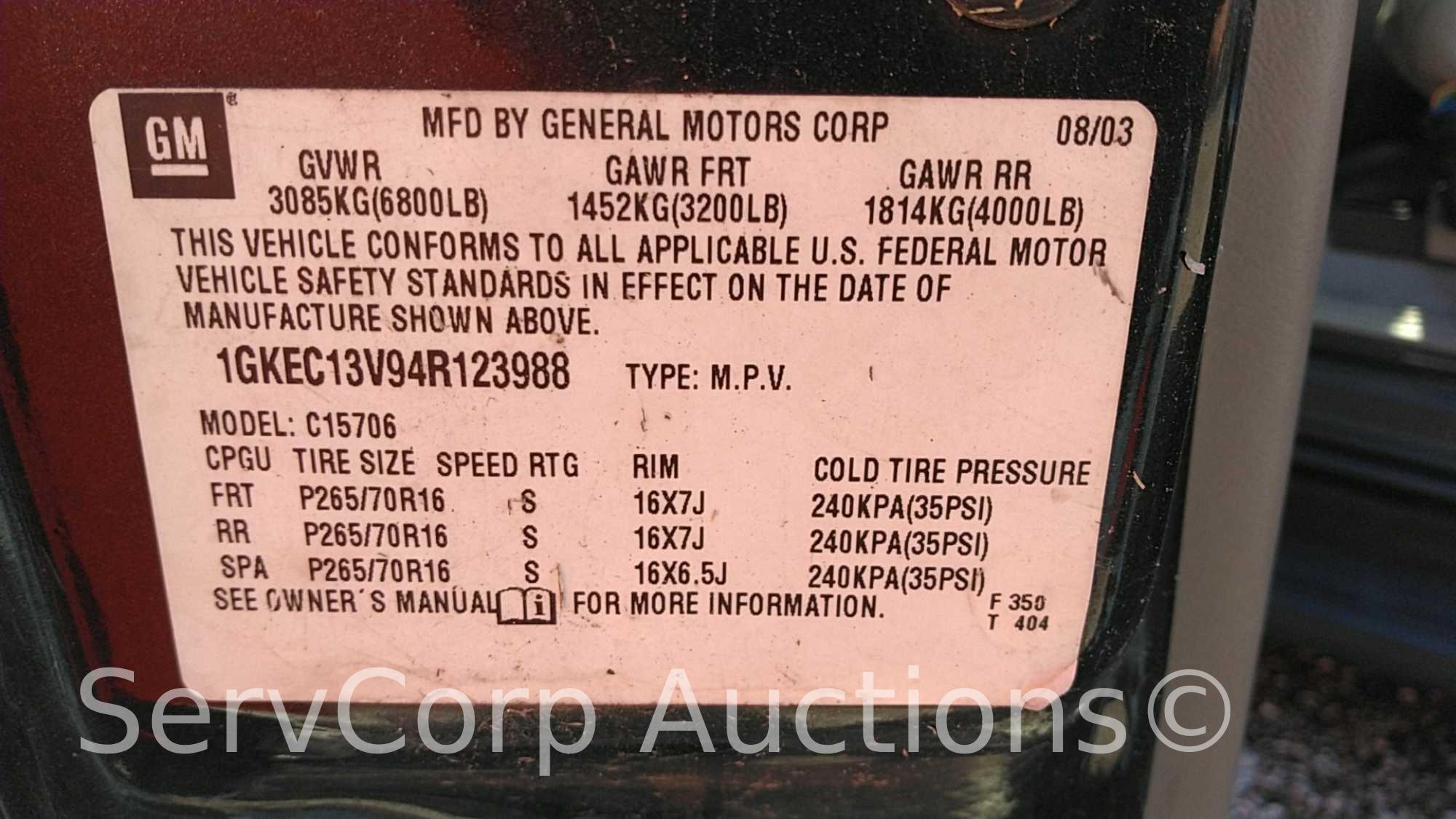 2004 GMC Yukon Multipurpose Vehicle (MPV), VIN # 1GKEC13V94R123988