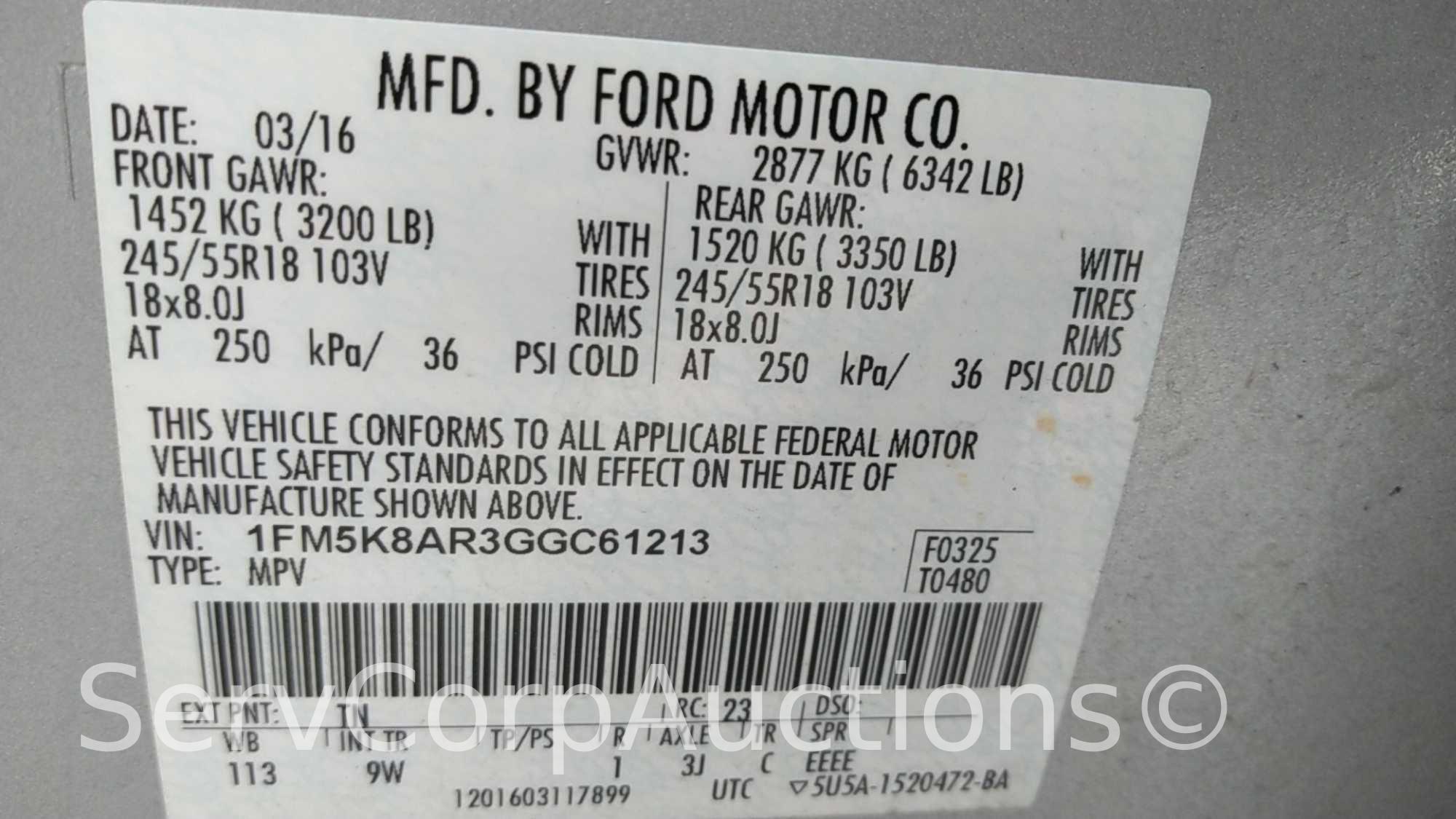 2016 Ford Explorer Multipurpose Vehicle (MPV), VIN # 1FM5K8AR3GGC61213