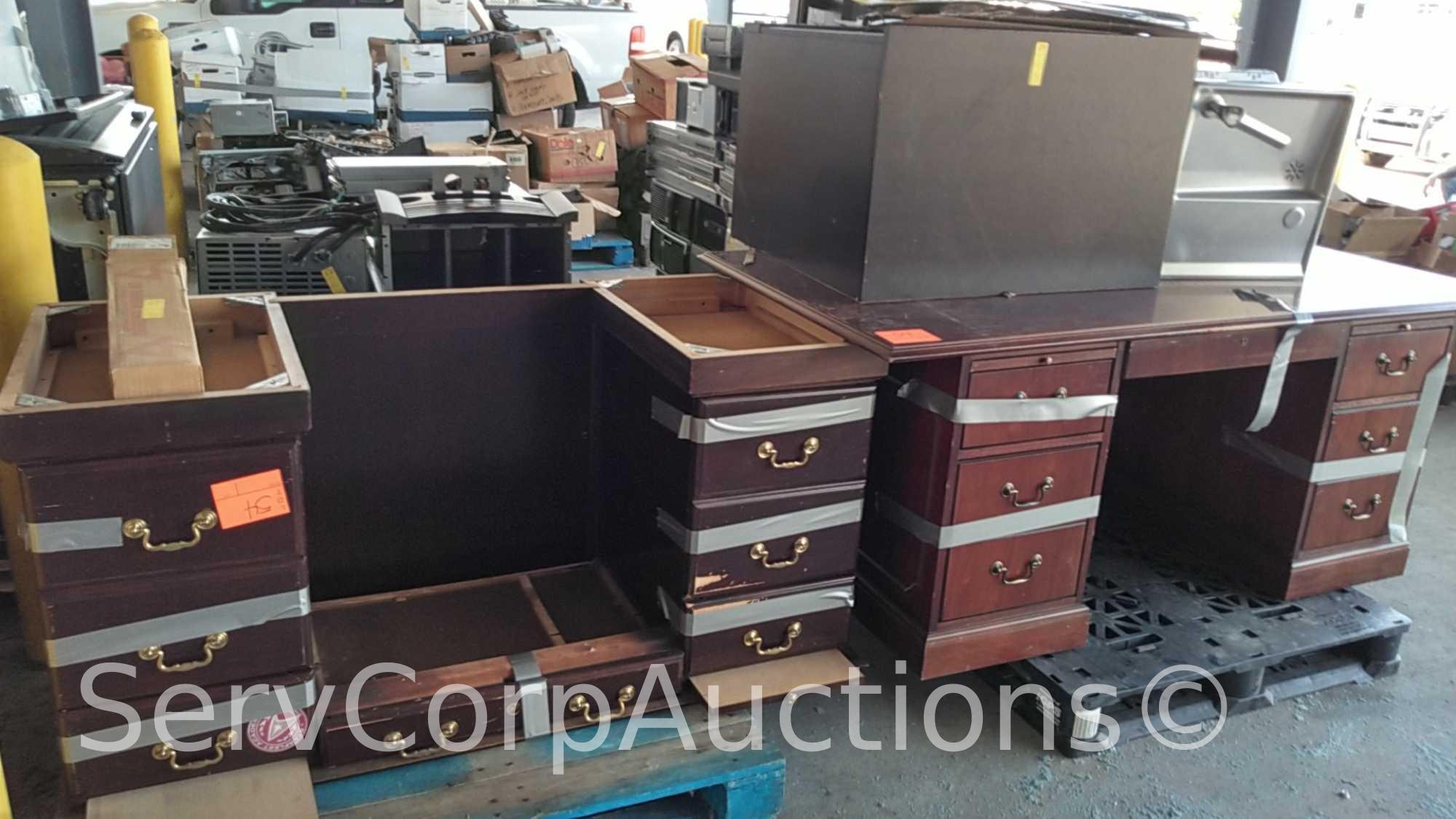 Lot on 2 Pallets: 2 Desks, 2-Drawer Letter File Cabinet, Sunroc Drink Fountain, Crown Vic Vent
