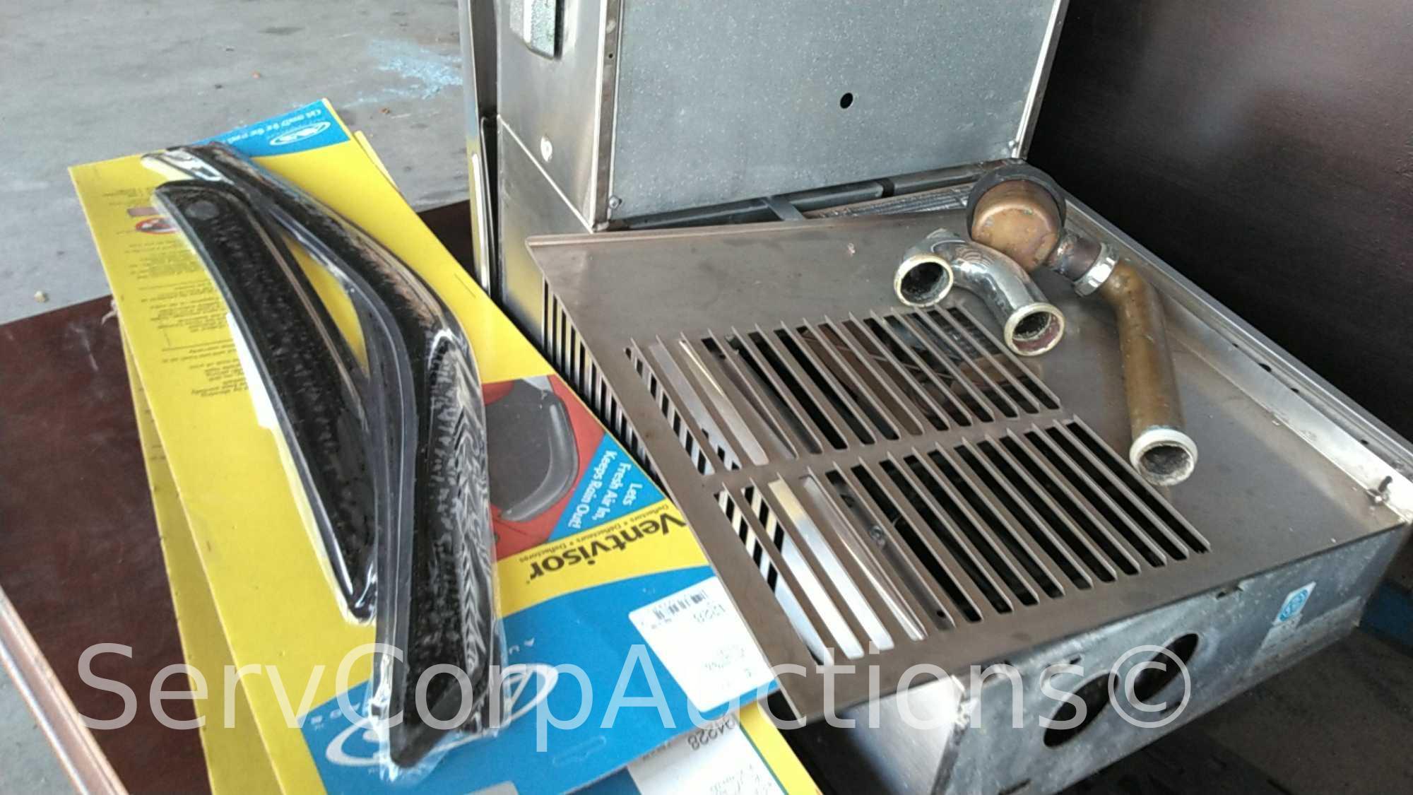 Lot on 2 Pallets: 2 Desks, 2-Drawer Letter File Cabinet, Sunroc Drink Fountain, Crown Vic Vent
