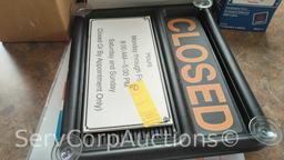 Lot of Various Lables, Specialty Tape, Closed/Business Hour Sign