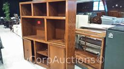 Lot of Glass Display Case, Wood Shelving Unit, Round Table