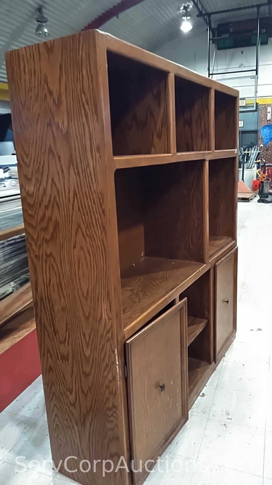 Lot of Glass Display Case, Wood Shelving Unit, Round Table