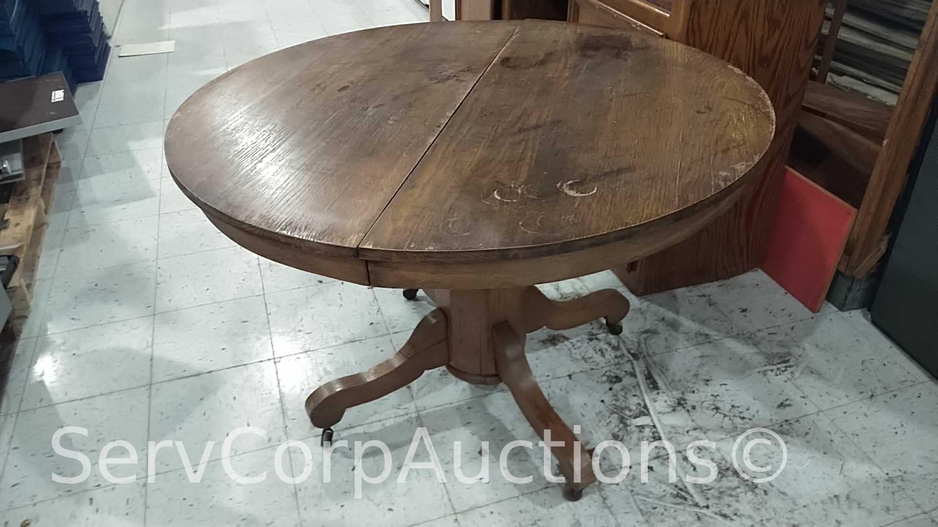 Lot of Glass Display Case, Wood Shelving Unit, Round Table
