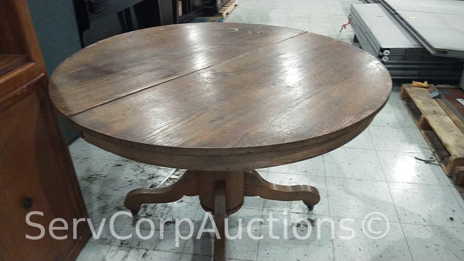 Lot of Glass Display Case, Wood Shelving Unit, Round Table