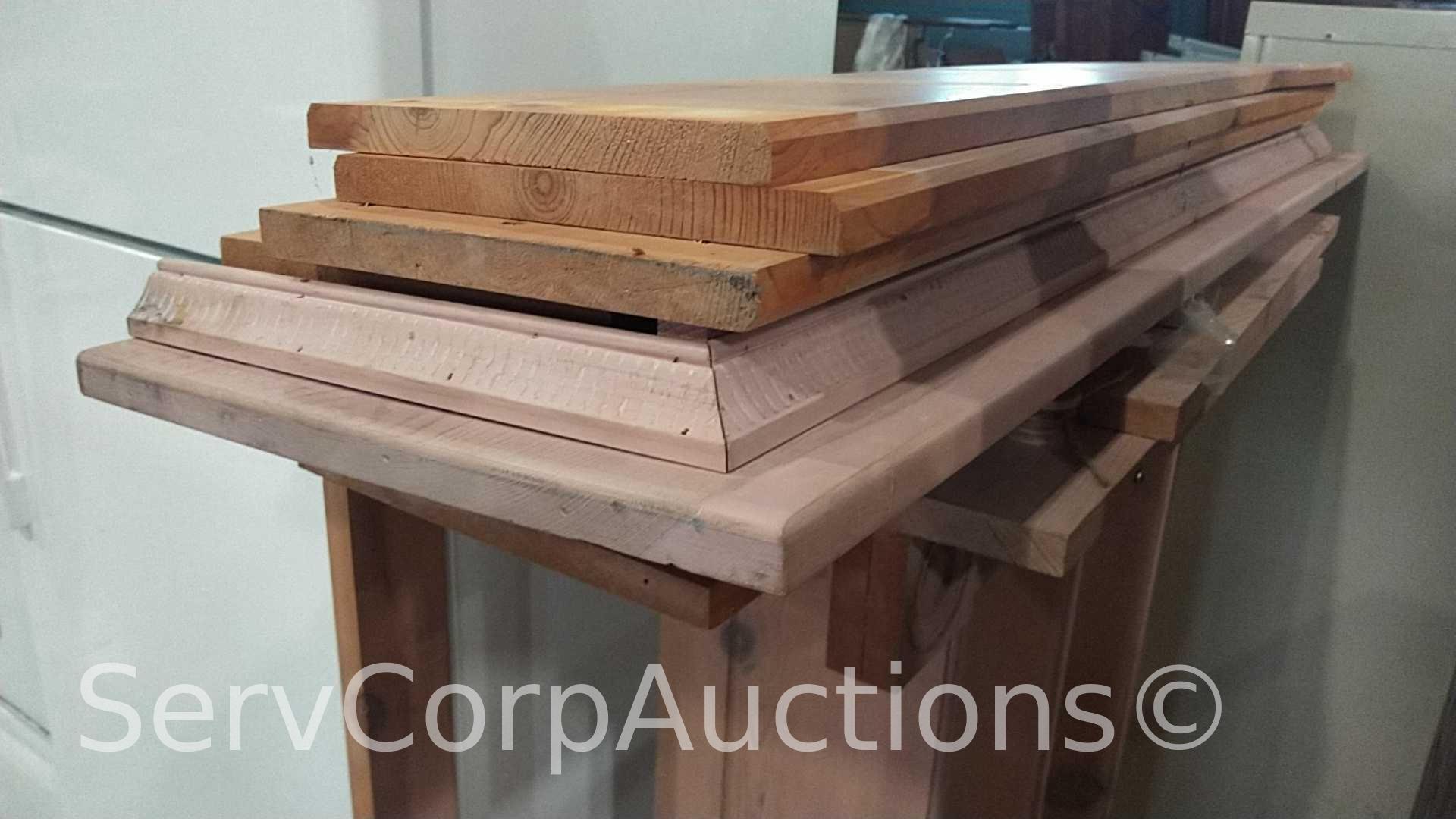 Lot of Glass Display Case, Wood Shelving Unit, Round Table