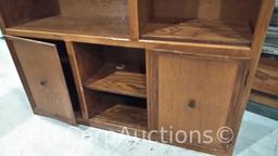 Lot of Glass Display Case, Wood Shelving Unit, Round Table