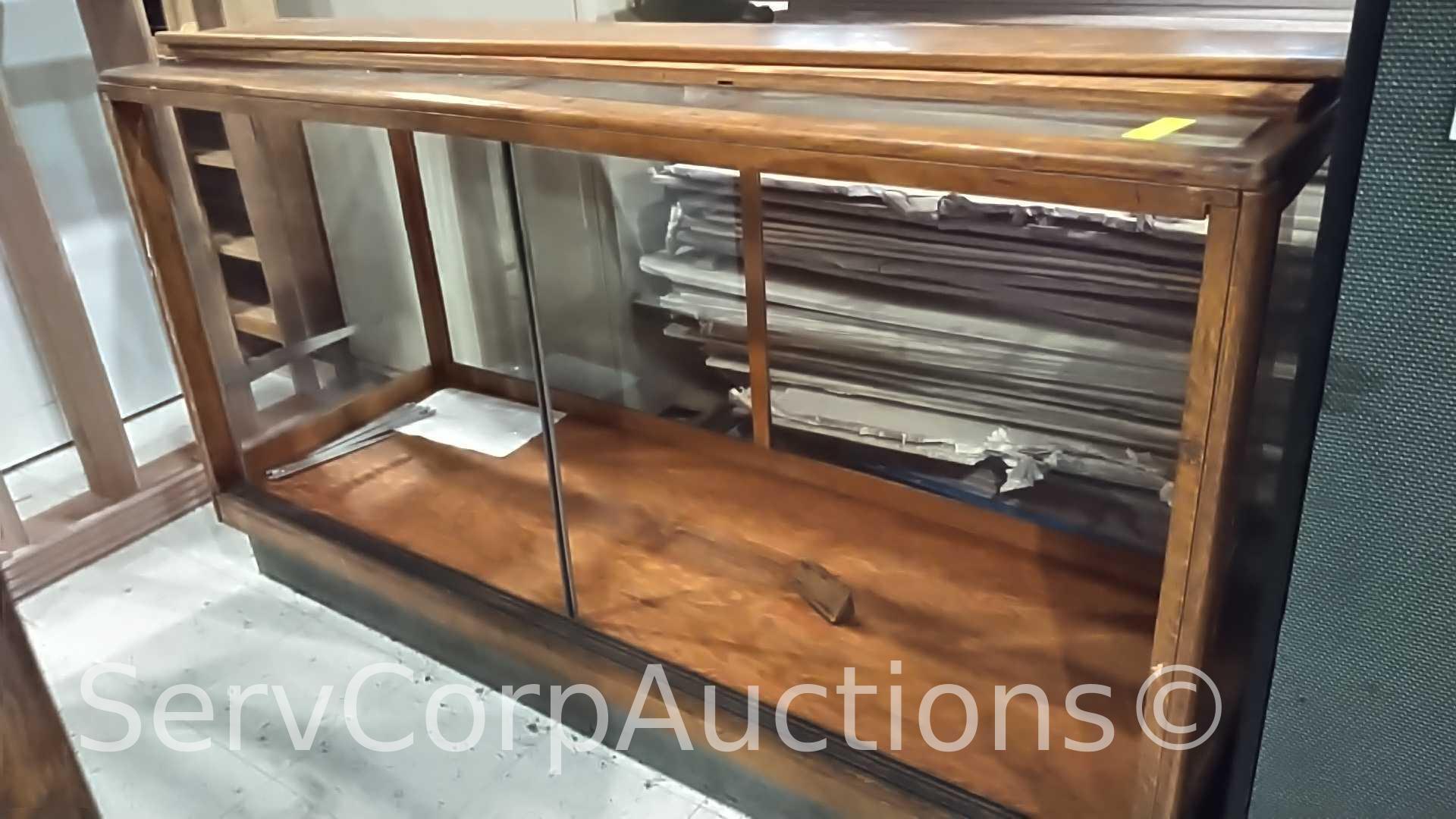 Lot of Glass Display Case, Wood Shelving Unit, Round Table