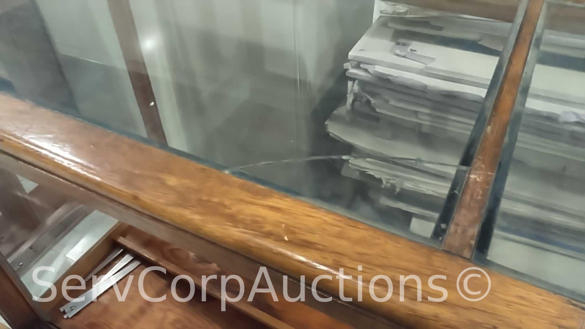 Lot of Glass Display Case, Wood Shelving Unit, Round Table