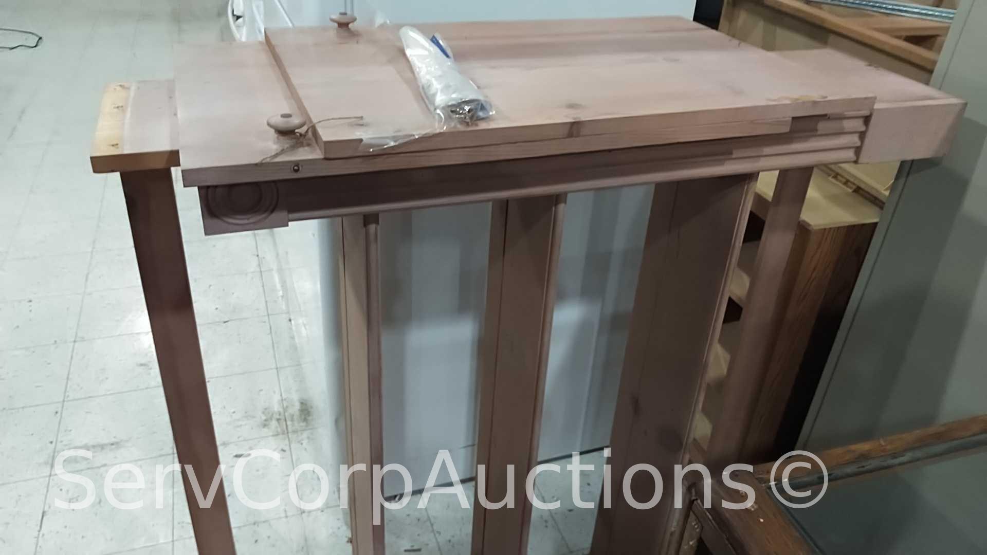 Lot of Glass Display Case, Wood Shelving Unit, Round Table