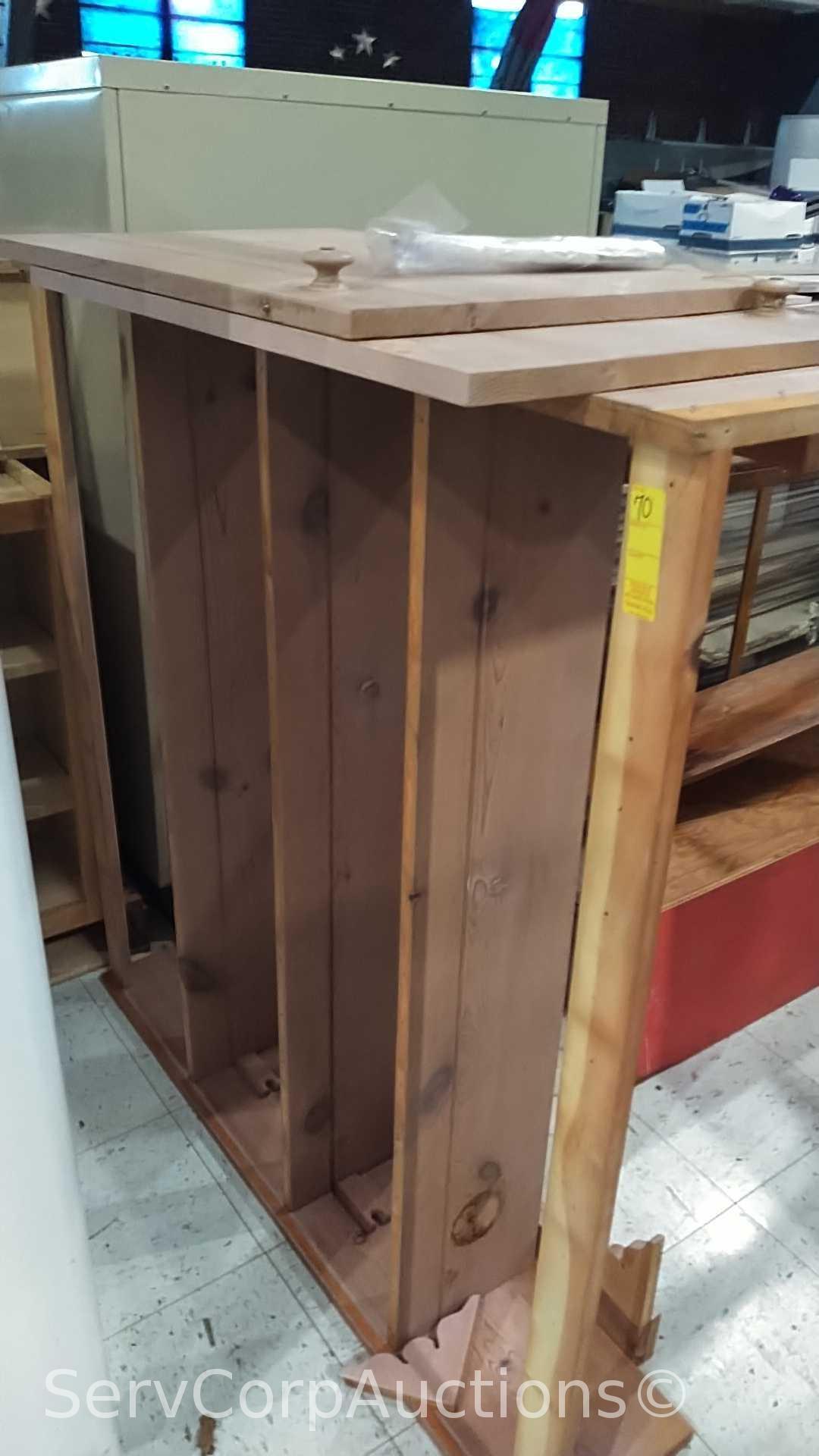 Lot of Glass Display Case, Wood Shelving Unit, Round Table