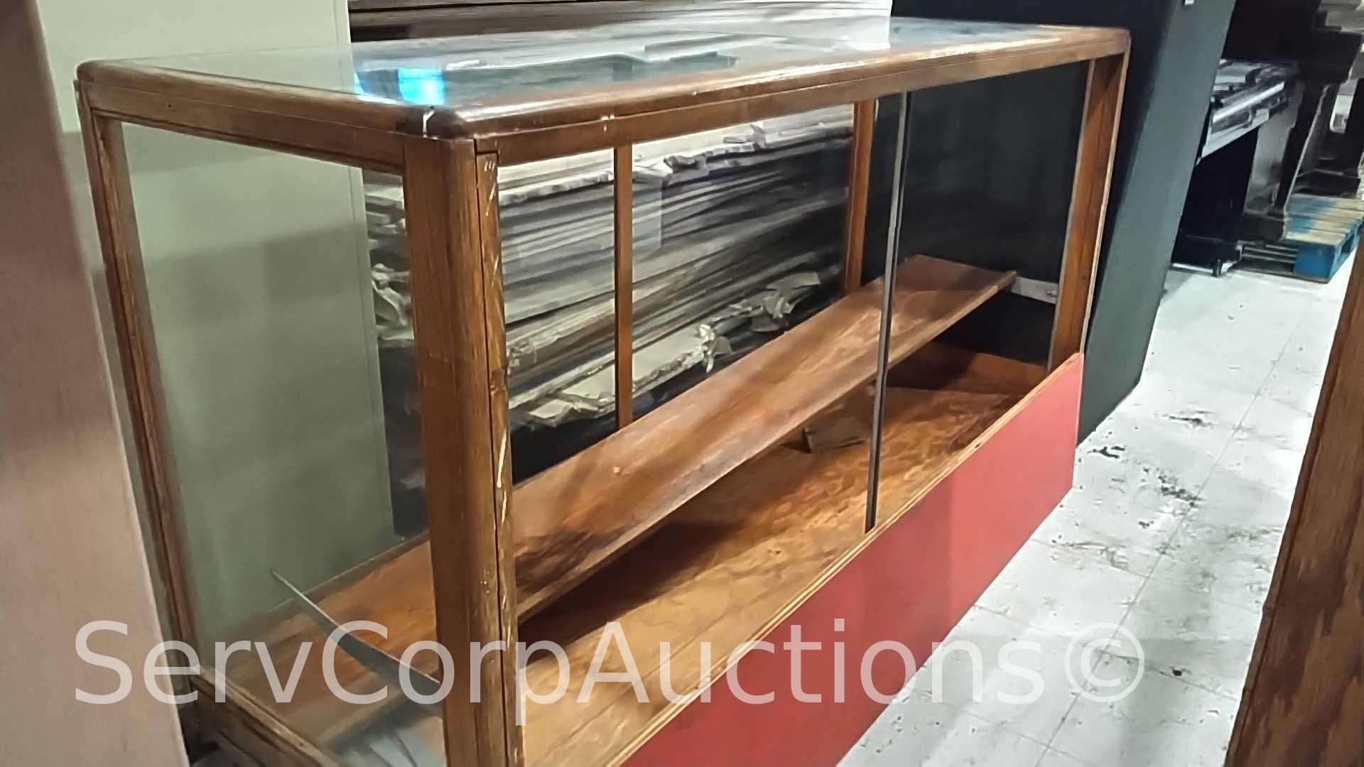 Lot of Glass Display Case, Wood Shelving Unit, Round Table