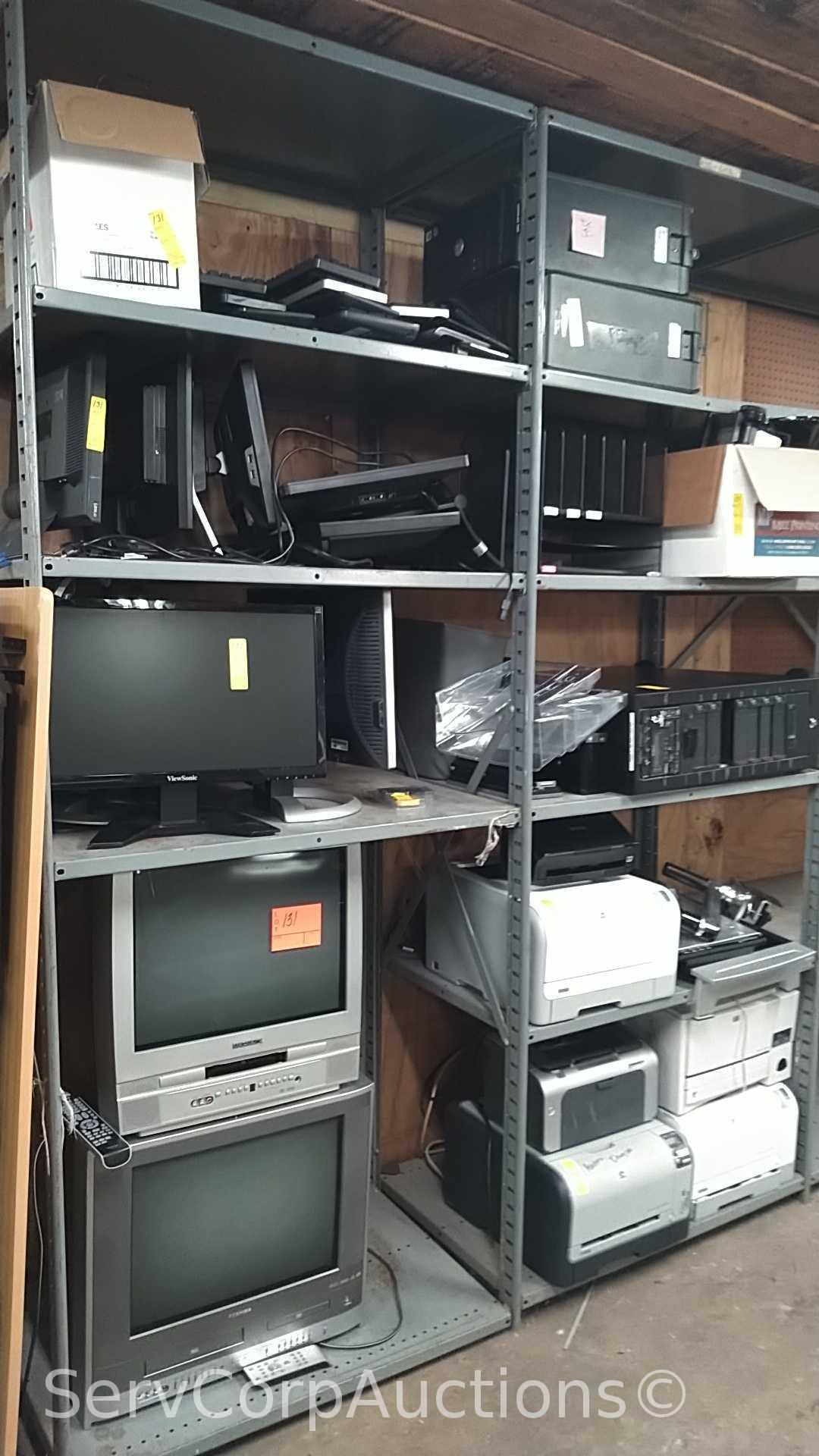 Lot on 9 Shelves of Computer Equipment: Monitors (Dell, Acer, HP, IBM, ViewSonic), Printers (Label
