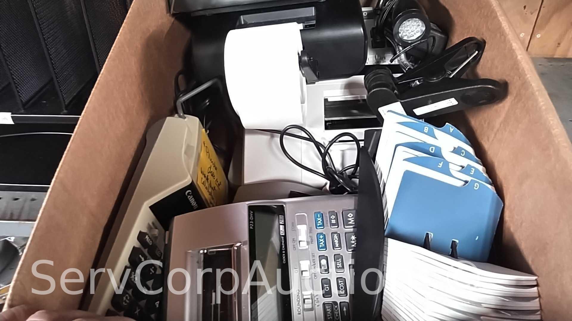 Lot on 9 Shelves of Computer Equipment: Monitors (Dell, Acer, HP, IBM, ViewSonic), Printers (Label