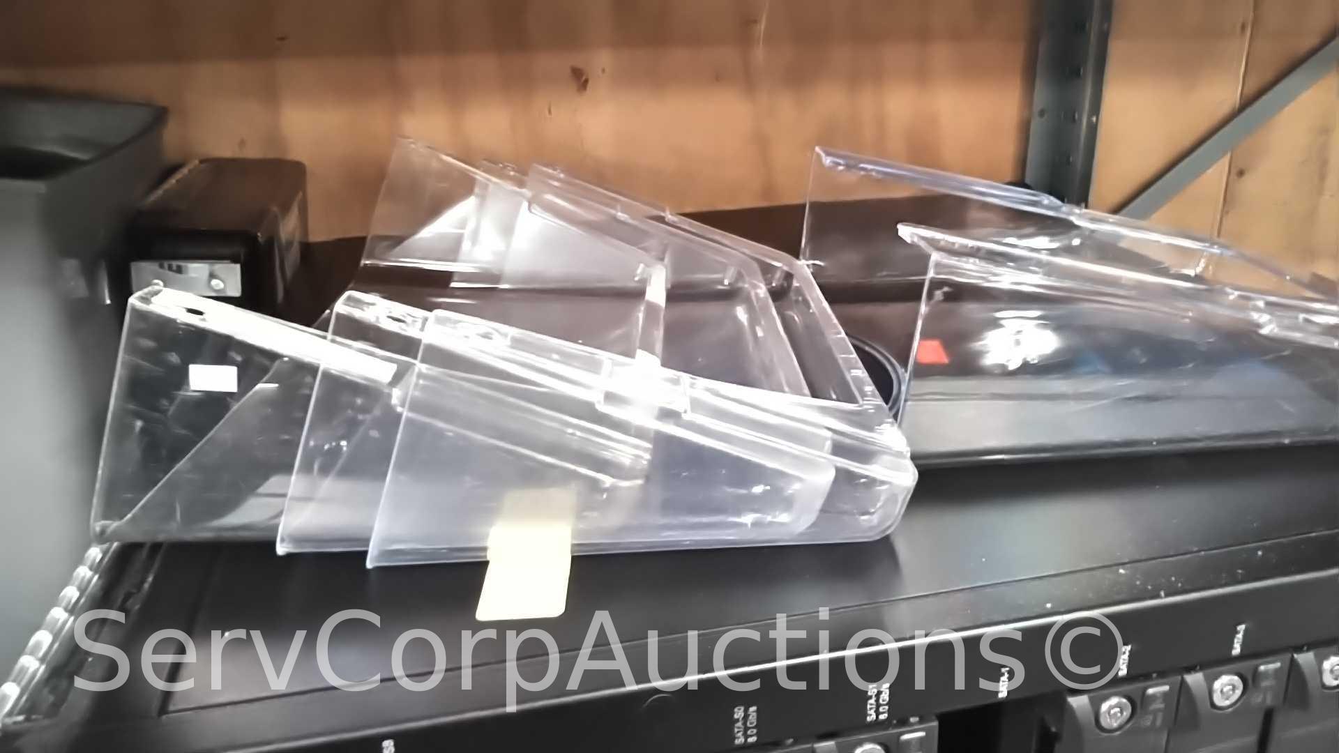 Lot on 9 Shelves of Computer Equipment: Monitors (Dell, Acer, HP, IBM, ViewSonic), Printers (Label