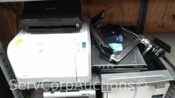 Lot on 9 Shelves of Computer Equipment: Monitors (Dell, Acer, HP, IBM, ViewSonic), Printers (Label
