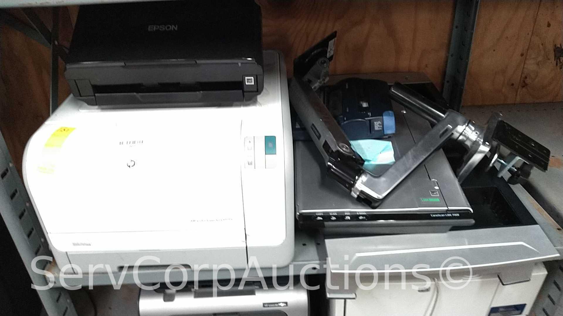 Lot on 9 Shelves of Computer Equipment: Monitors (Dell, Acer, HP, IBM, ViewSonic), Printers (Label