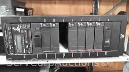 Lot on 9 Shelves of Computer Equipment: Monitors (Dell, Acer, HP, IBM, ViewSonic), Printers (Label