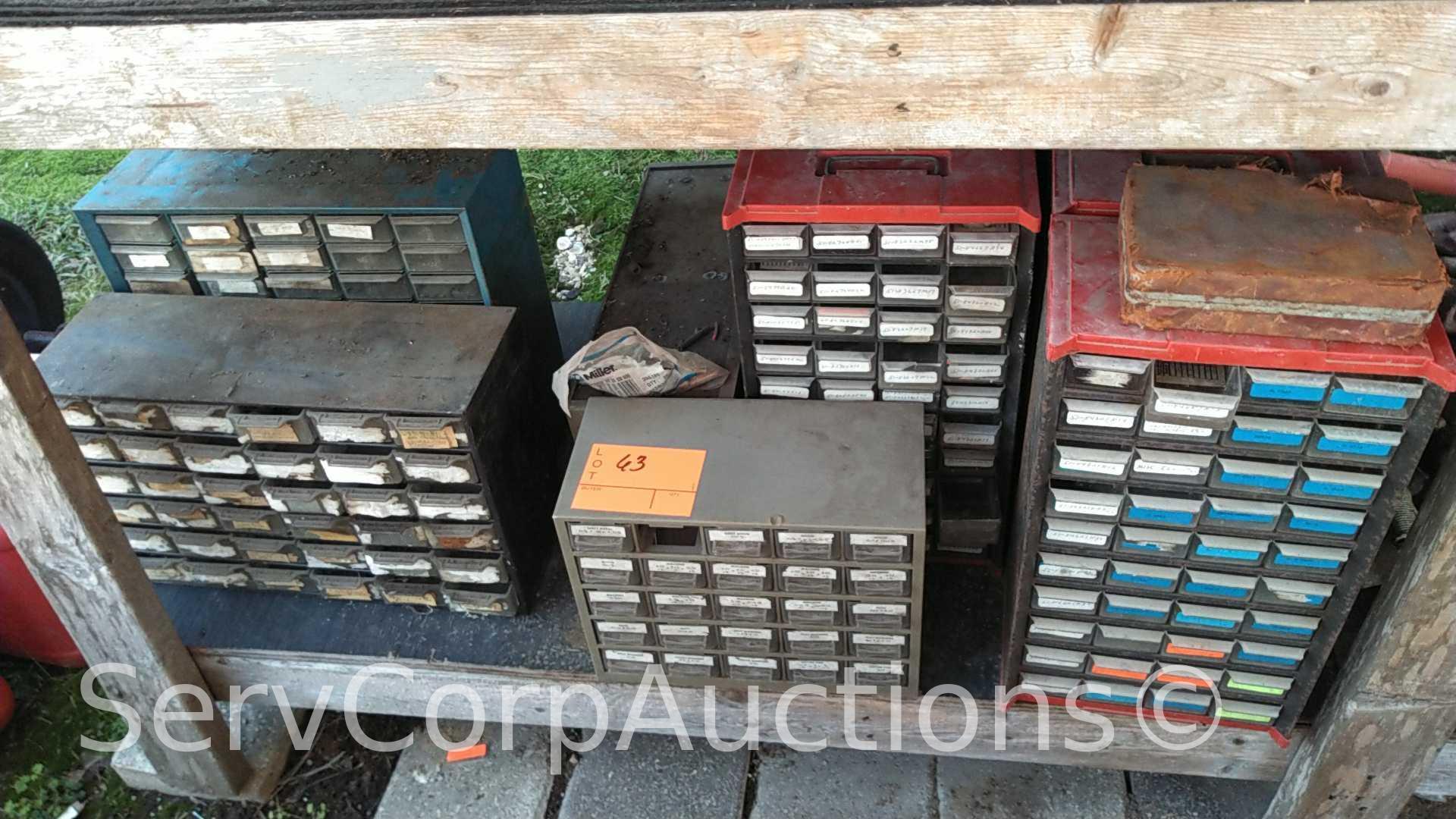 Lot on Shelf of Various Small Nut/Bolt Supply Bins