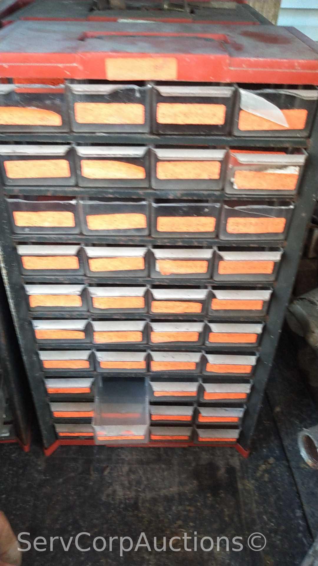 Lot on Shelf of Various Small Nut/Bolt Supply Bins
