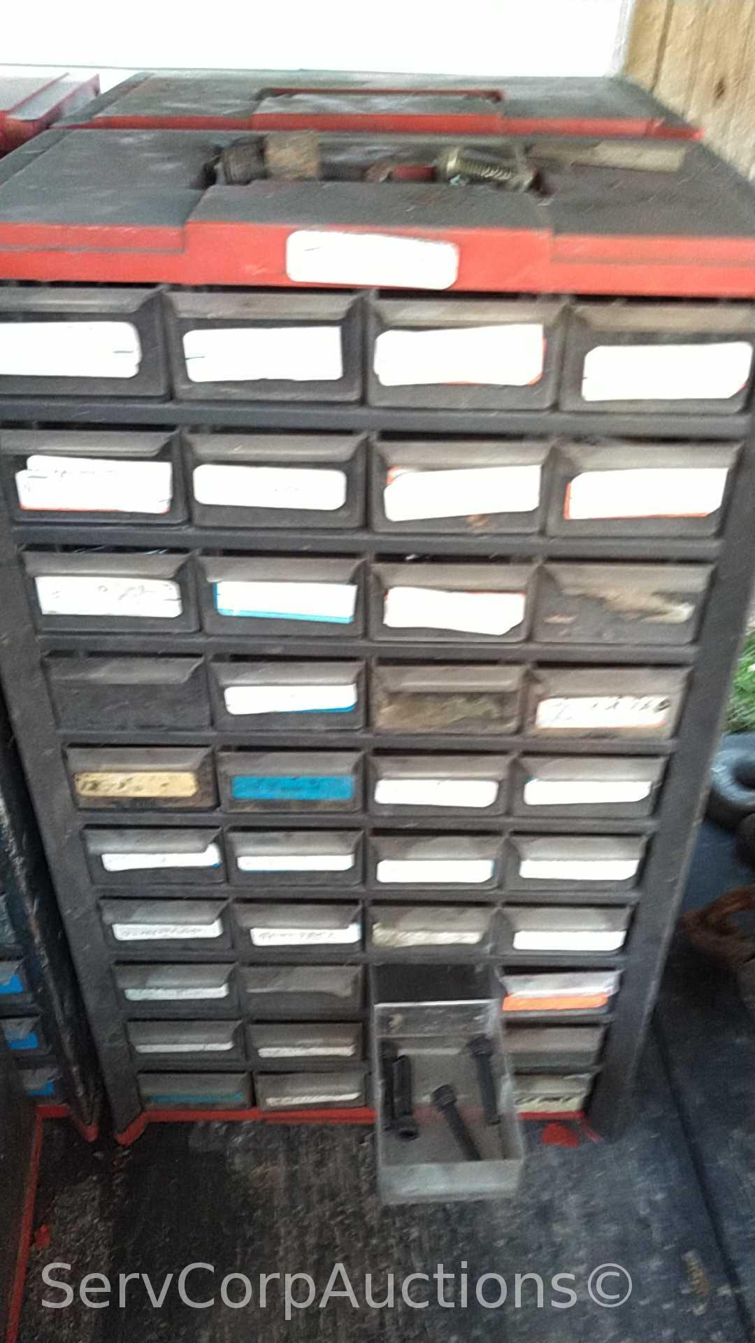 Lot on Shelf of Various Small Nut/Bolt Supply Bins