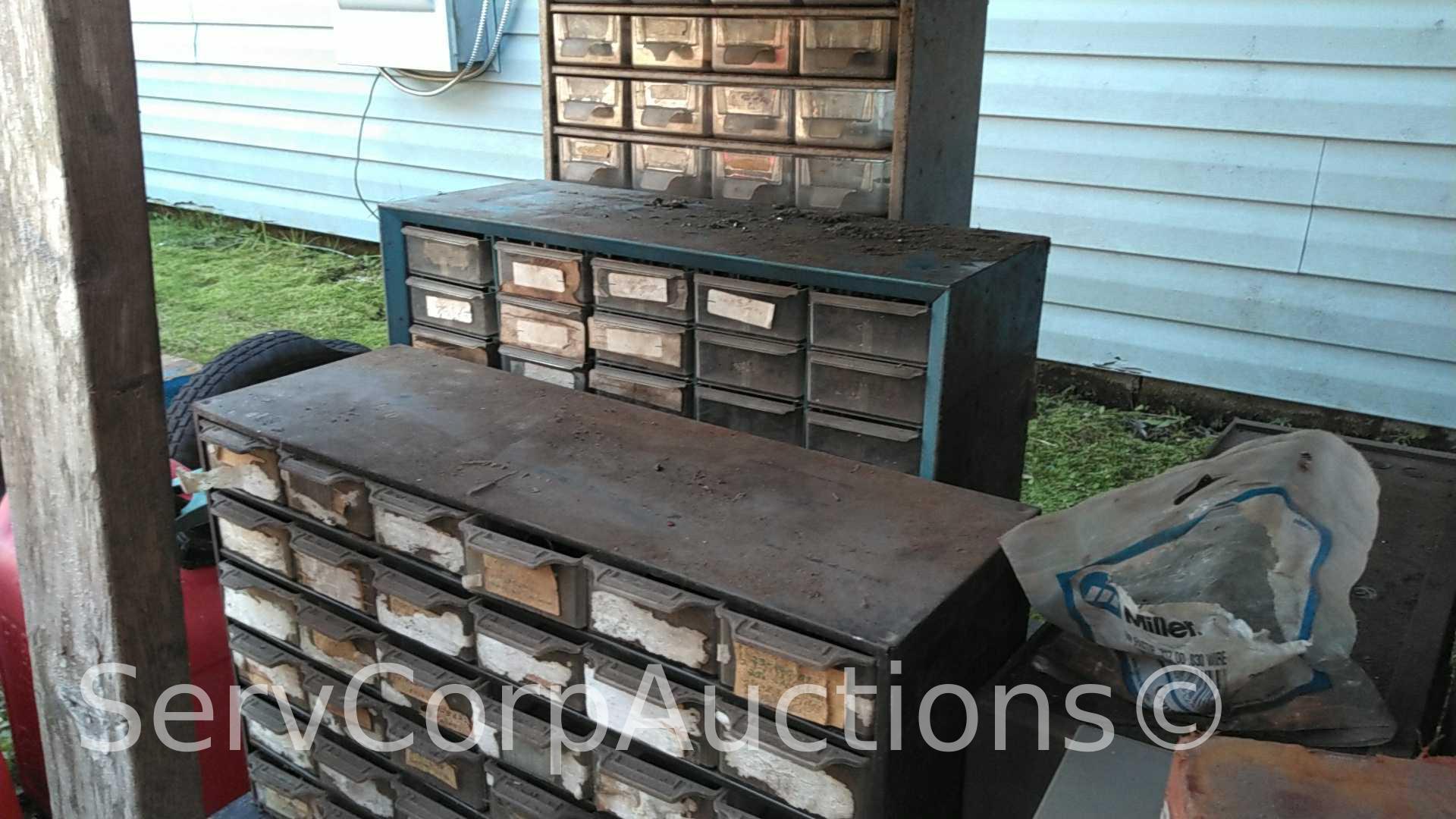 Lot on Shelf of Various Small Nut/Bolt Supply Bins