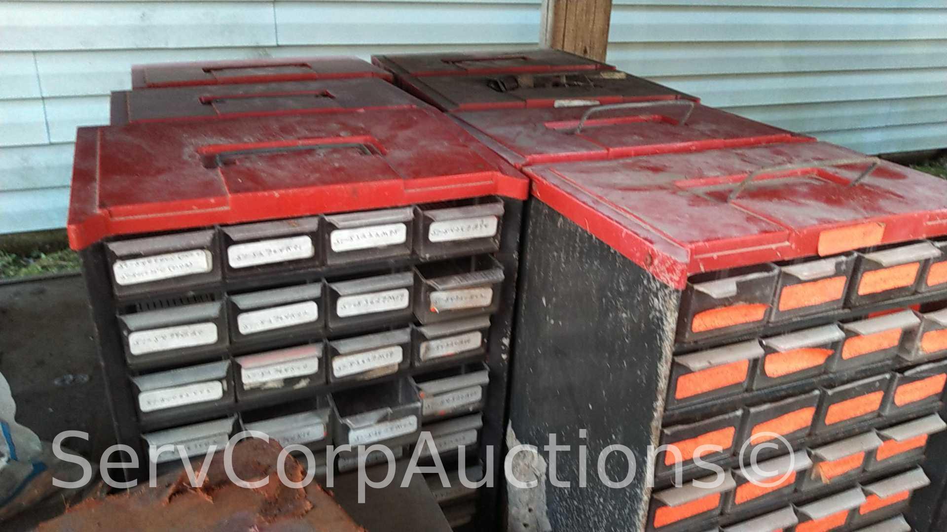 Lot on Shelf of Various Small Nut/Bolt Supply Bins