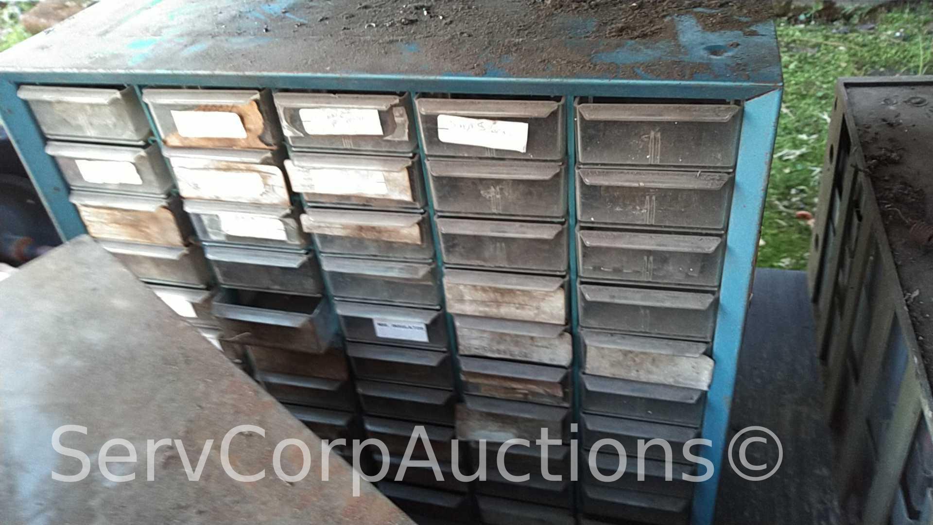 Lot on Shelf of Various Small Nut/Bolt Supply Bins