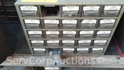 Lot on Shelf of Various Small Nut/Bolt Supply Bins