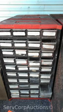 Lot on Shelf of Various Small Nut/Bolt Supply Bins