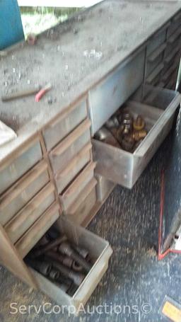 Lot on Shelf of Various Small Nut/Bolt Supply Bins