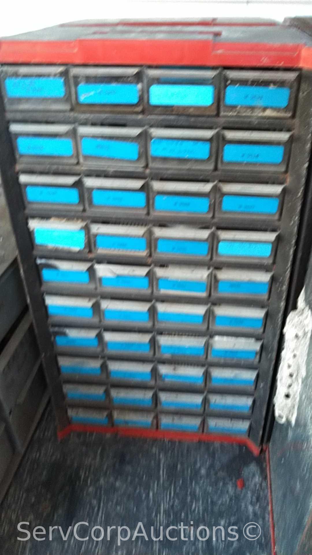 Lot on Shelf of Various Small Nut/Bolt Supply Bins