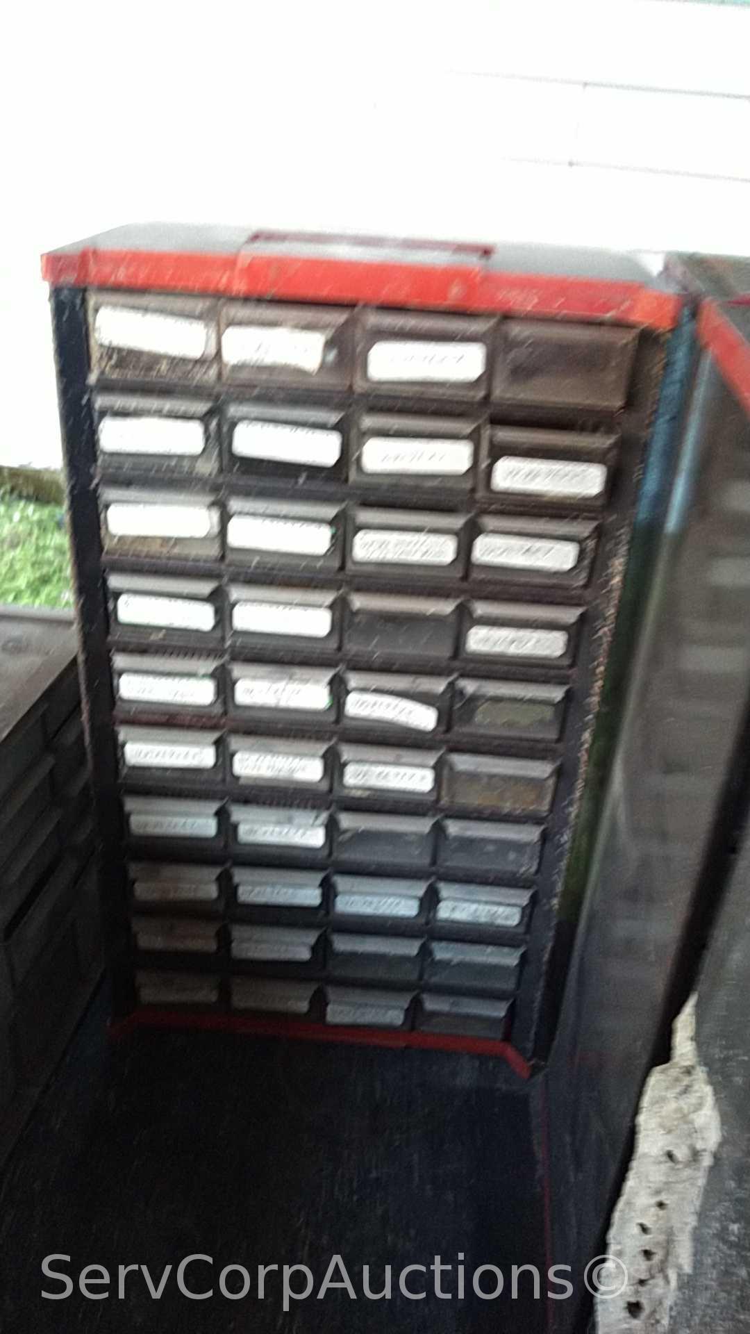 Lot on Shelf of Various Small Nut/Bolt Supply Bins