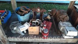 Lot on Shelf and Can with Chain Shackles, I-Beam Trolly, Cable Guides, Wedge Sockets, Chuck Jaws,