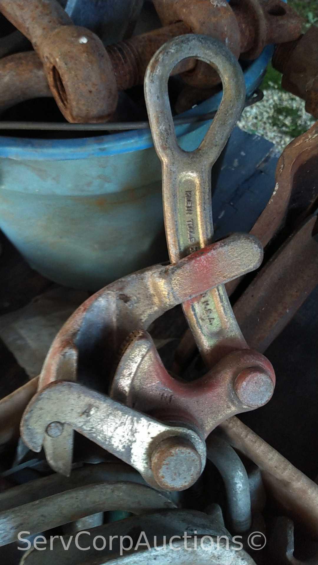 Lot on Shelf and Can with Chain Shackles, I-Beam Trolly, Cable Guides, Wedge Sockets, Chuck Jaws,