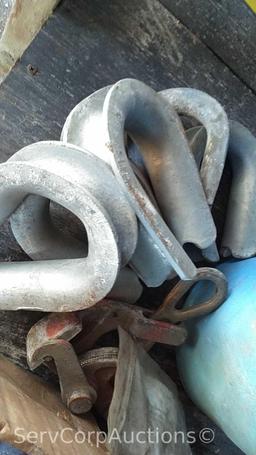 Lot on Shelf and Can with Chain Shackles, I-Beam Trolly, Cable Guides, Wedge Sockets, Chuck Jaws,