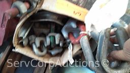 Lot on Shelf and Can with Chain Shackles, I-Beam Trolly, Cable Guides, Wedge Sockets, Chuck Jaws,
