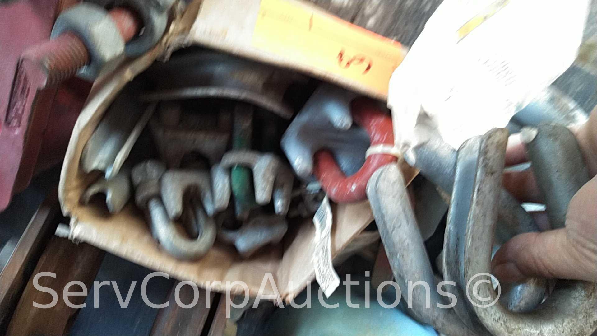 Lot on Shelf and Can with Chain Shackles, I-Beam Trolly, Cable Guides, Wedge Sockets, Chuck Jaws,