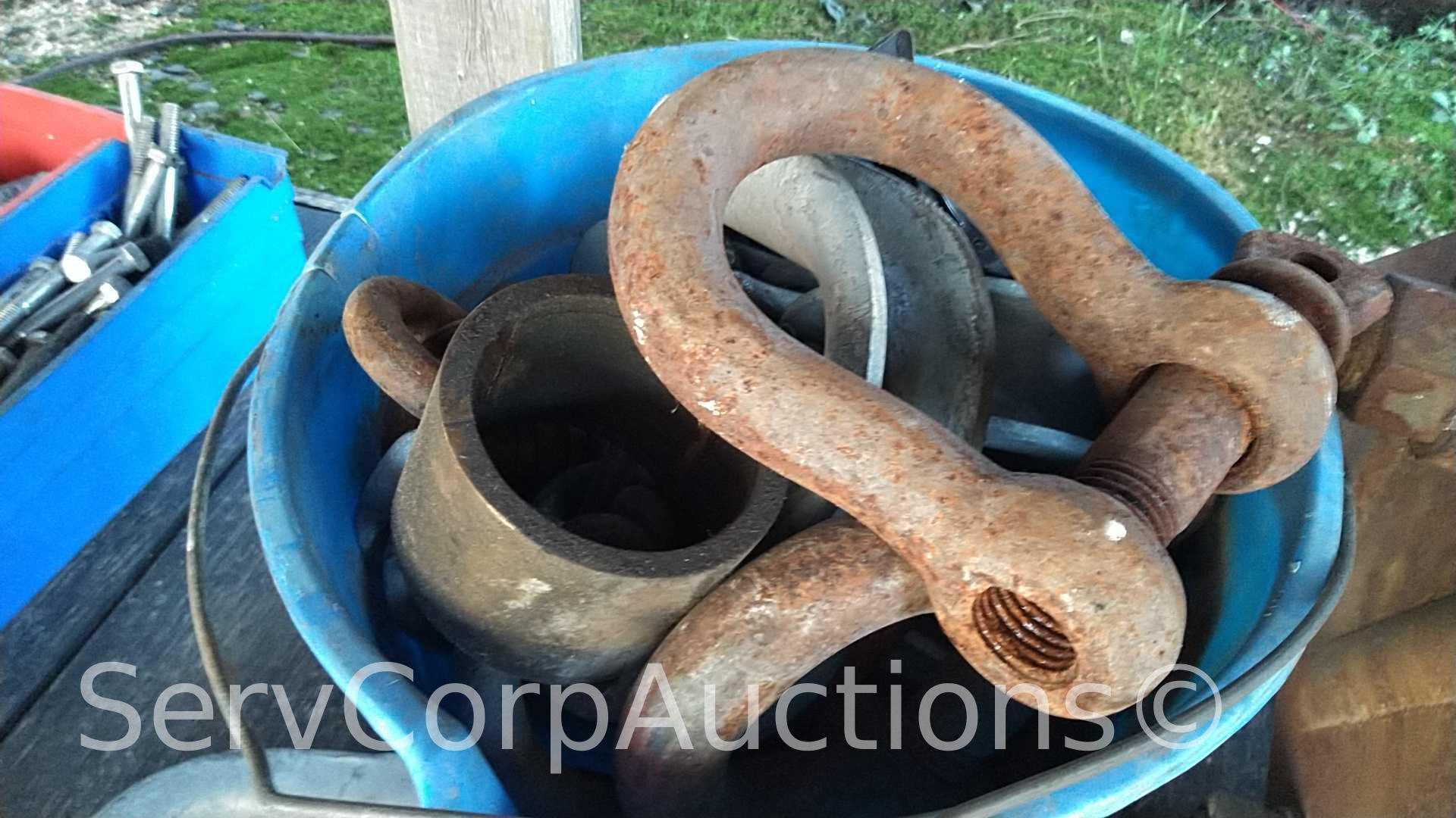 Lot on Shelf and Can with Chain Shackles, I-Beam Trolly, Cable Guides, Wedge Sockets, Chuck Jaws,
