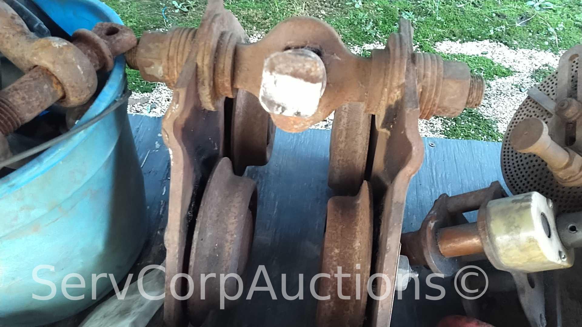 Lot on Shelf and Can with Chain Shackles, I-Beam Trolly, Cable Guides, Wedge Sockets, Chuck Jaws,