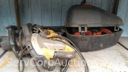 Lot on Shelf of Dewalt Band Saw, Craftsman Circular Saw and Craftsman Chainsaw