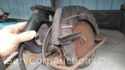 Lot on Shelf of Dewalt Band Saw, Craftsman Circular Saw and Craftsman Chainsaw