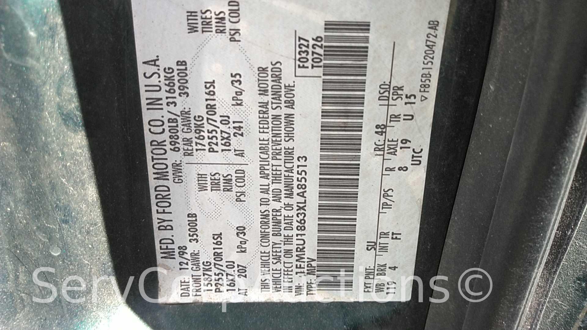 1999 Ford Expedition Multipurpose Vehicle (MPV), VIN # 1FMRU1863XLA85513