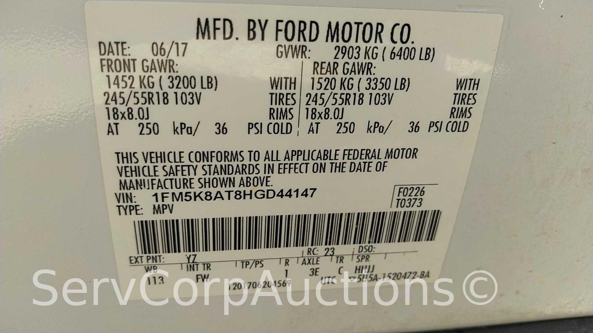 2017 Ford Explorer Multipurpose Vehicle (MPV), VIN # 1FM5K8AT8HGD44147