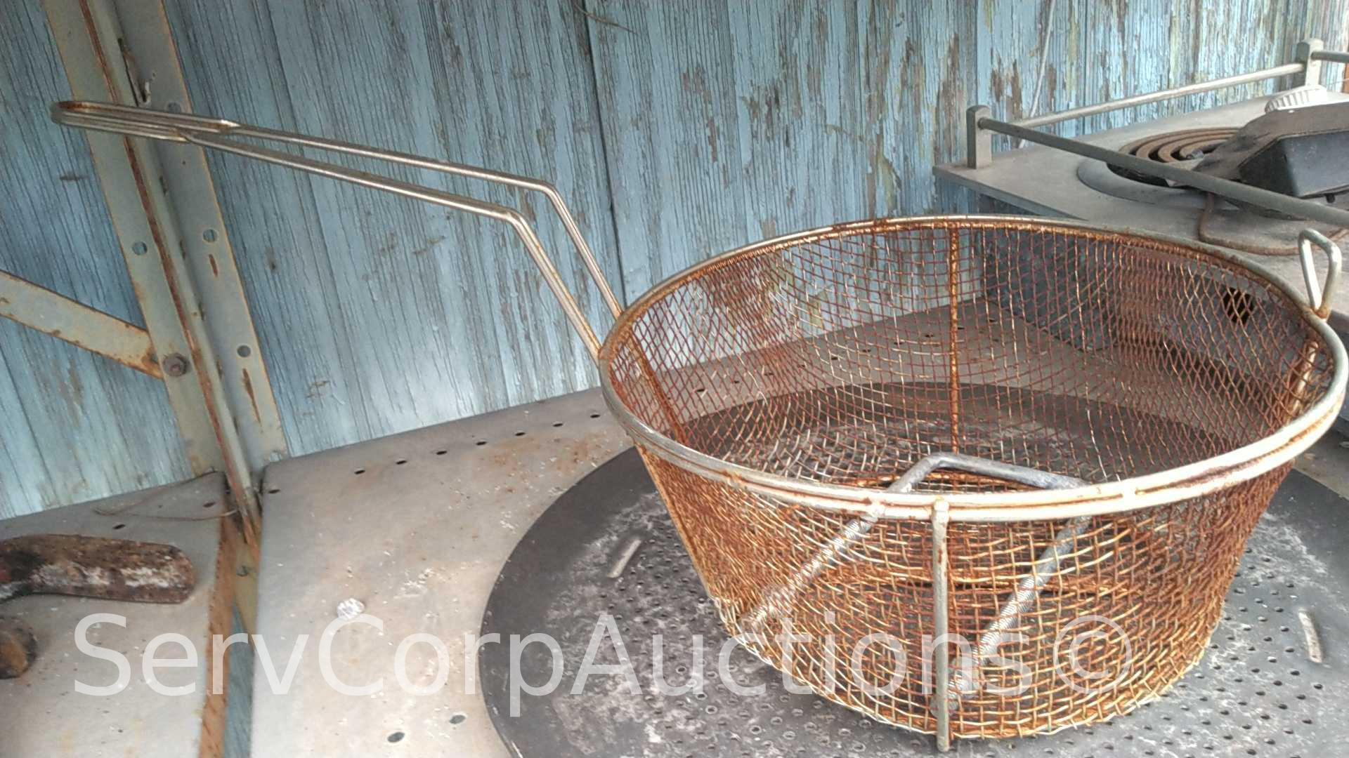 Lot on Shelf of Small Electric Burner, Basket, Drain Tray